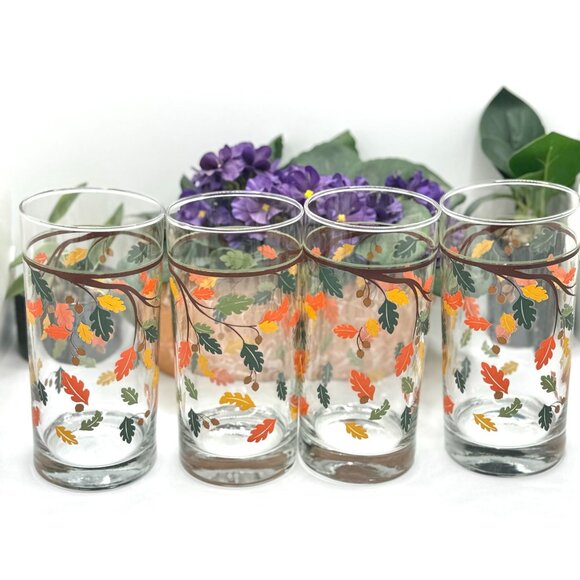 Set Of 4 Vintage Crisa by Libbey Tumblers Glasses Fall Autumn Leaves - Picture 7 of 8
